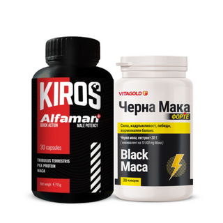 Комплект АЛФАМЕН+ бързи капсули за мъжка сила KIROS, 30 капсули и Черна Мака Форте – за сила, издръжливост, хормонален баланс, 30 капсули